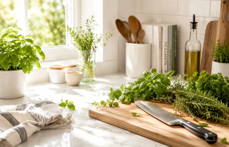 Fresh herbs and kitchen counter at Antonucci Cooks